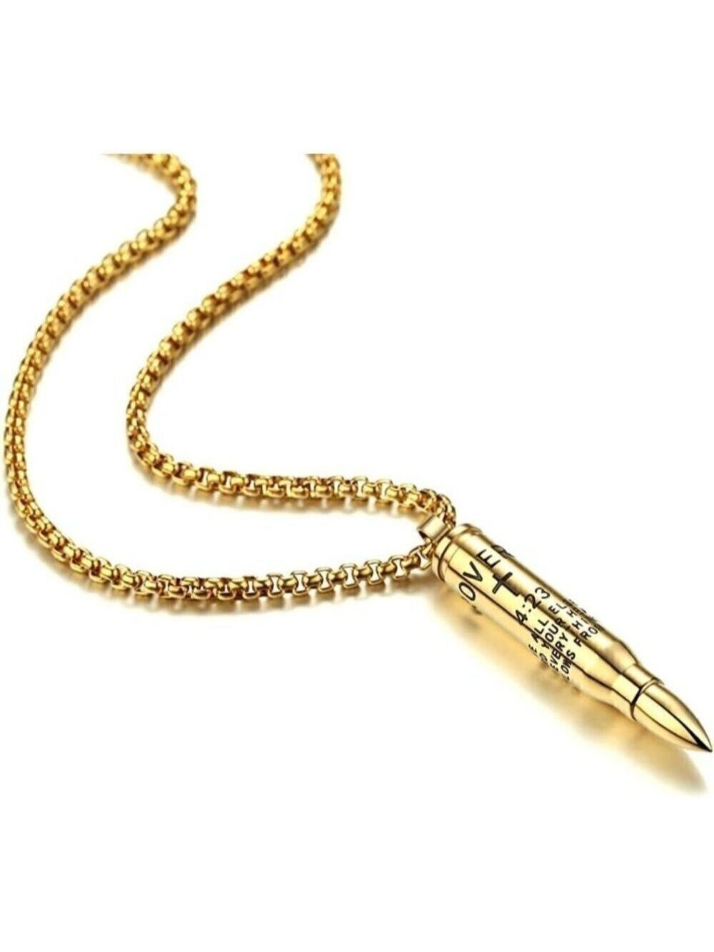 BIBLE verse proverb gold stainless steel 22" chain cross bullet pendant necklace